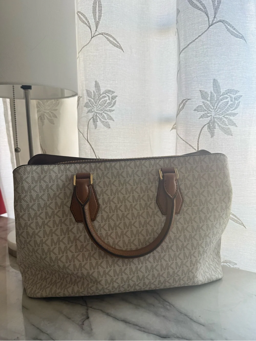 Michael Kors Beige MK Signature Satchel with Brown Trim and Gold Hardware